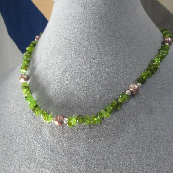 Peridot Pearl Necklace on Sterling Silver Chain, 18” Strand - Picture 2 of 6